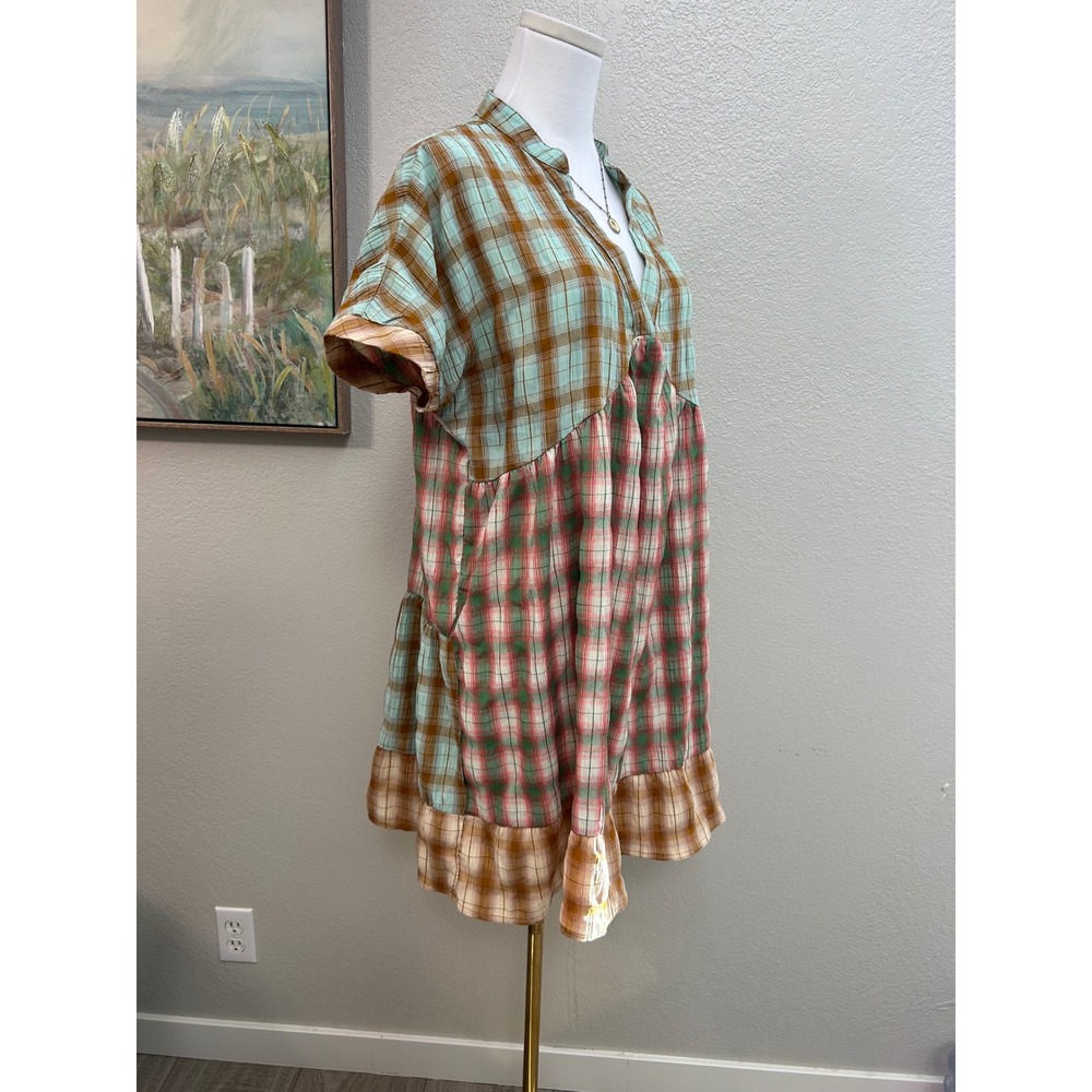 Patchwork Plaid Babydoll Dress Cottagecore Lagenlook Oversized Tunic Medium - Picture 2 of 9